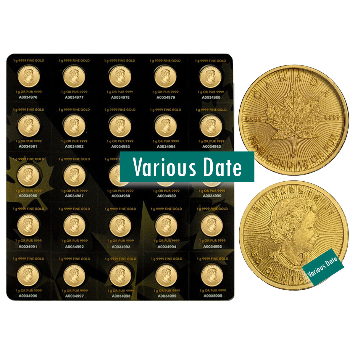 Various Date Canada 25 x 1g Gold Maple Leaf Maplegram Sheet (25g) - NO Credit Card/Paypal