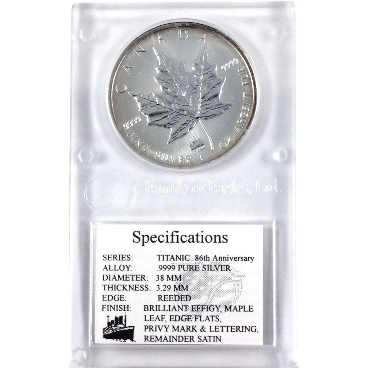 1998 Canada $5 Titanic Privy 1oz .9999 Silver Maple in Holder (No Tax) Slightly toned