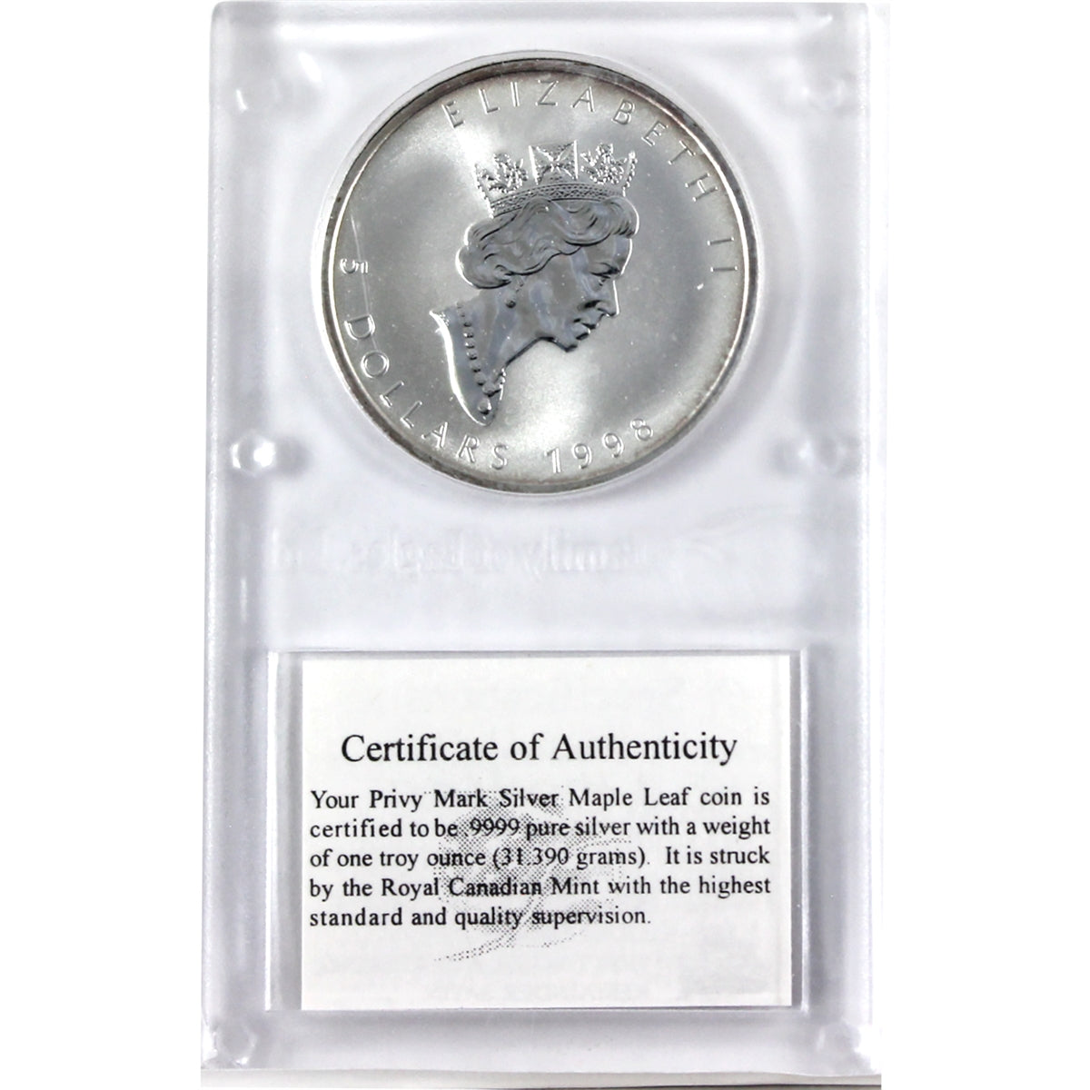 1998 Canada $5 Titanic Privy 1oz .9999 Silver Maple in Holder (No Tax) Slightly toned