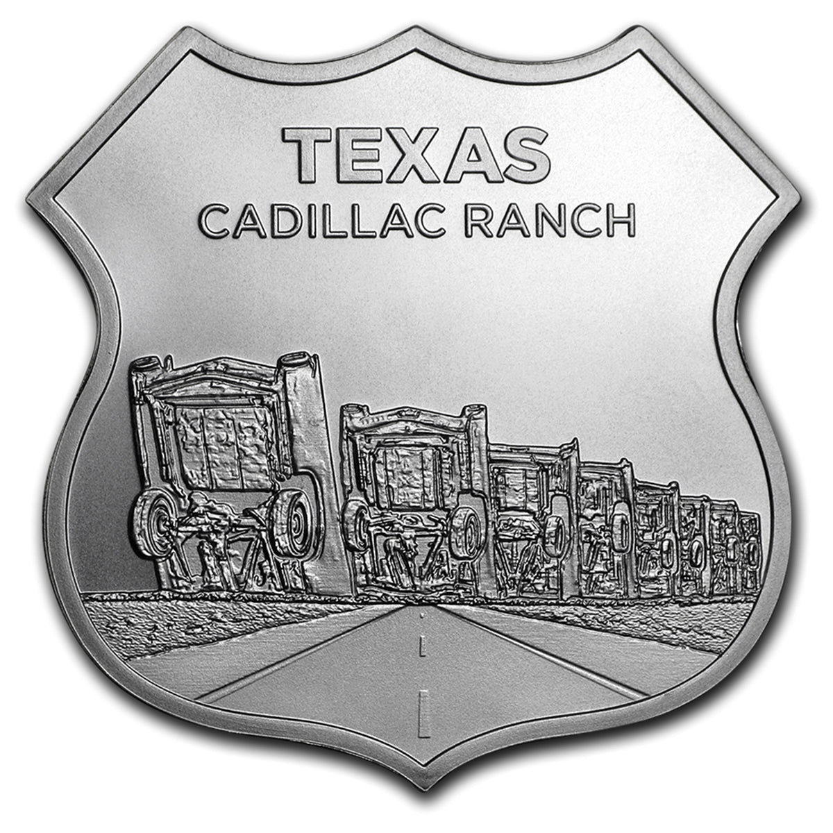 Icons of Route 66 Shield - Texas Cadillac Ranch 1oz. Silver (No Tax) Scr. Capsule