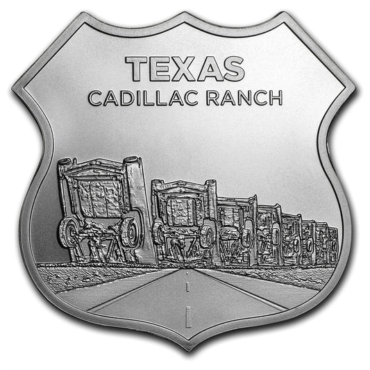 Icons of Route 66 Shield - Texas Cadillac Ranch 1oz. Silver (No Tax) Scr. Capsule