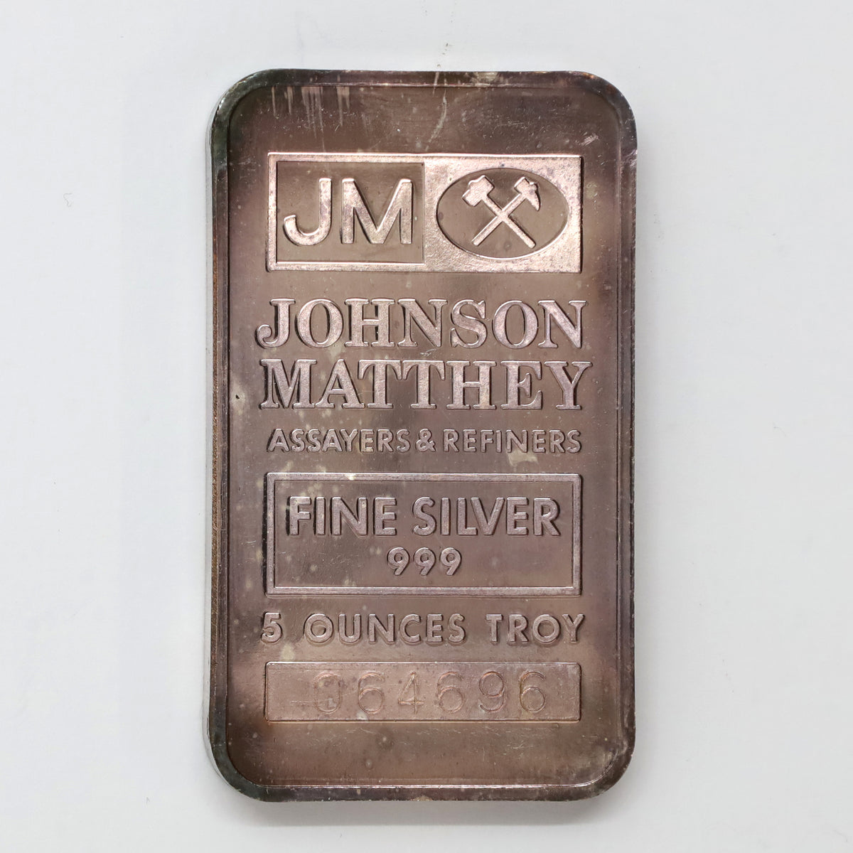JM Johnson Matthey USA 5oz .999 Silver Bar (No Tax) Light Toning