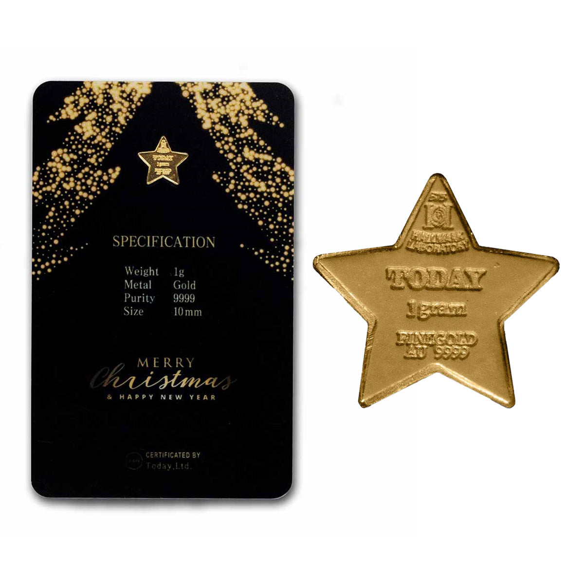 Merry Christmas Star 1g .9999 Fine Gold in Assay (No Tax) Hairline Scr on Seal