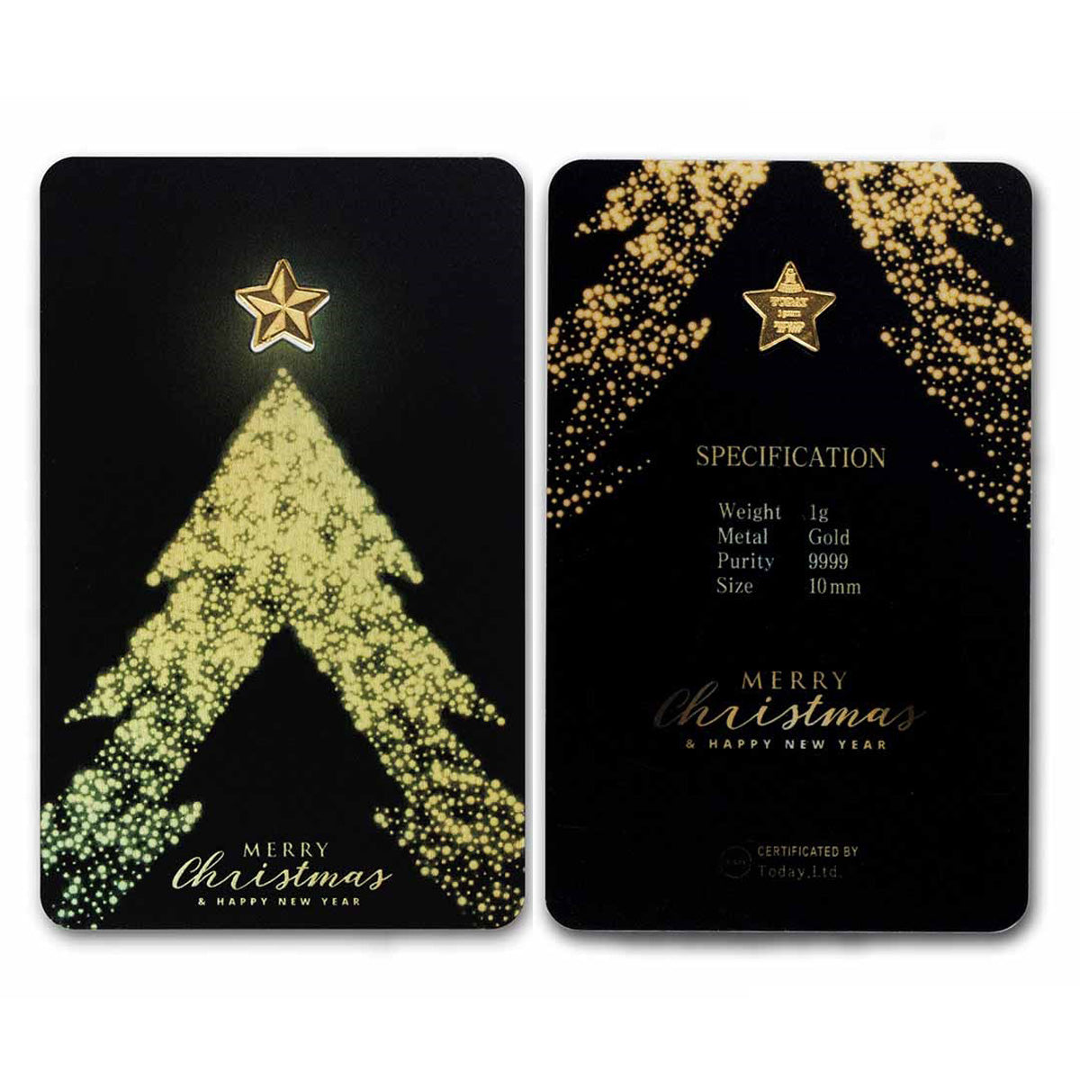 Merry Christmas Star 1g .9999 Fine Gold in Assay (No Tax) Hairline Scr on Seal