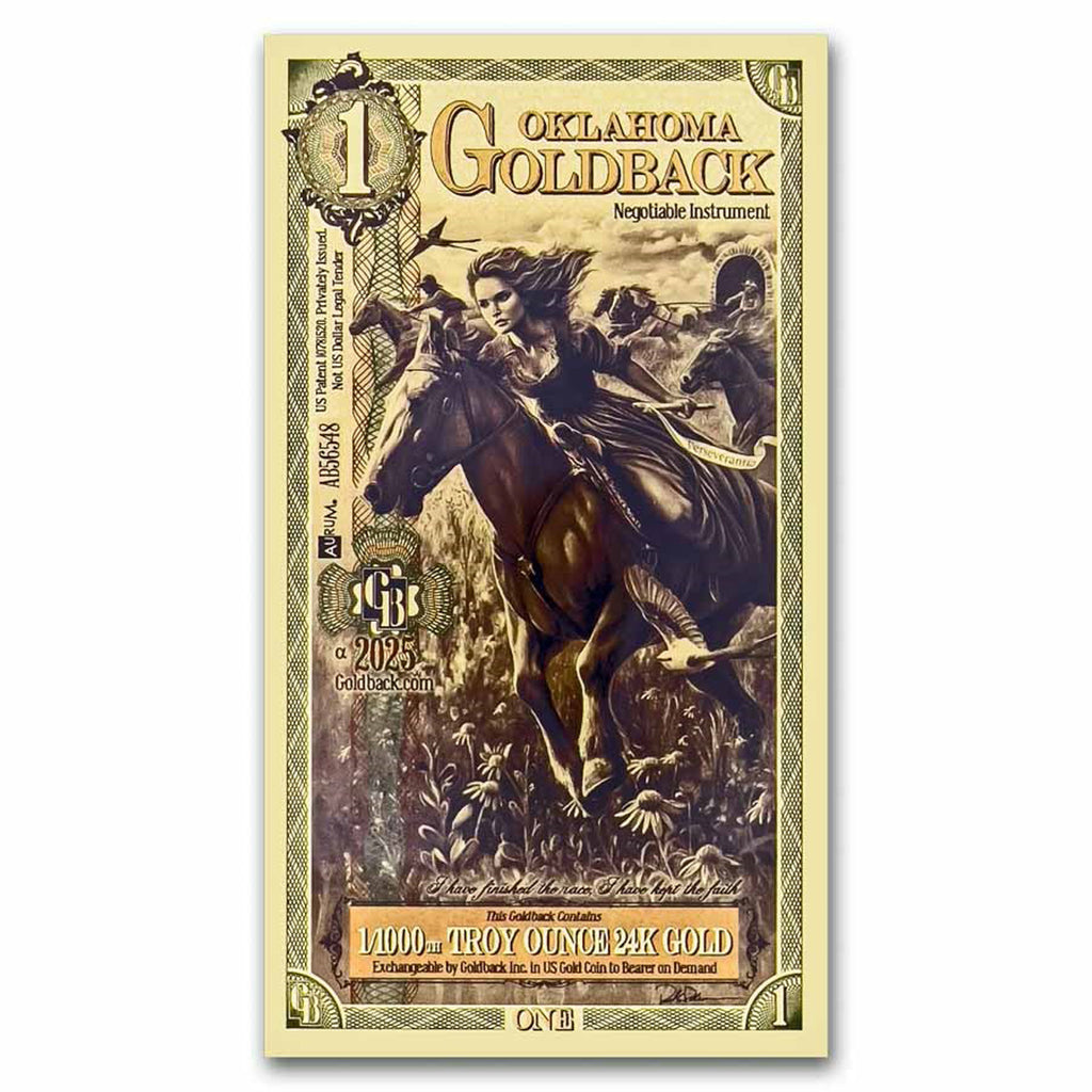 One Oklahoma Goldback 1/1000oz 24K .9999 Gold Wafer Foil Note (No Tax)