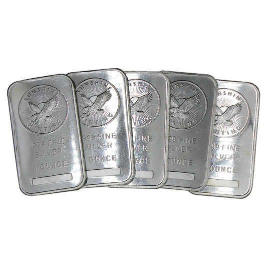 Lot of 5x Sunshine Mint 1oz .999 Silver Bars, 5pcs (No Tax) Flaws