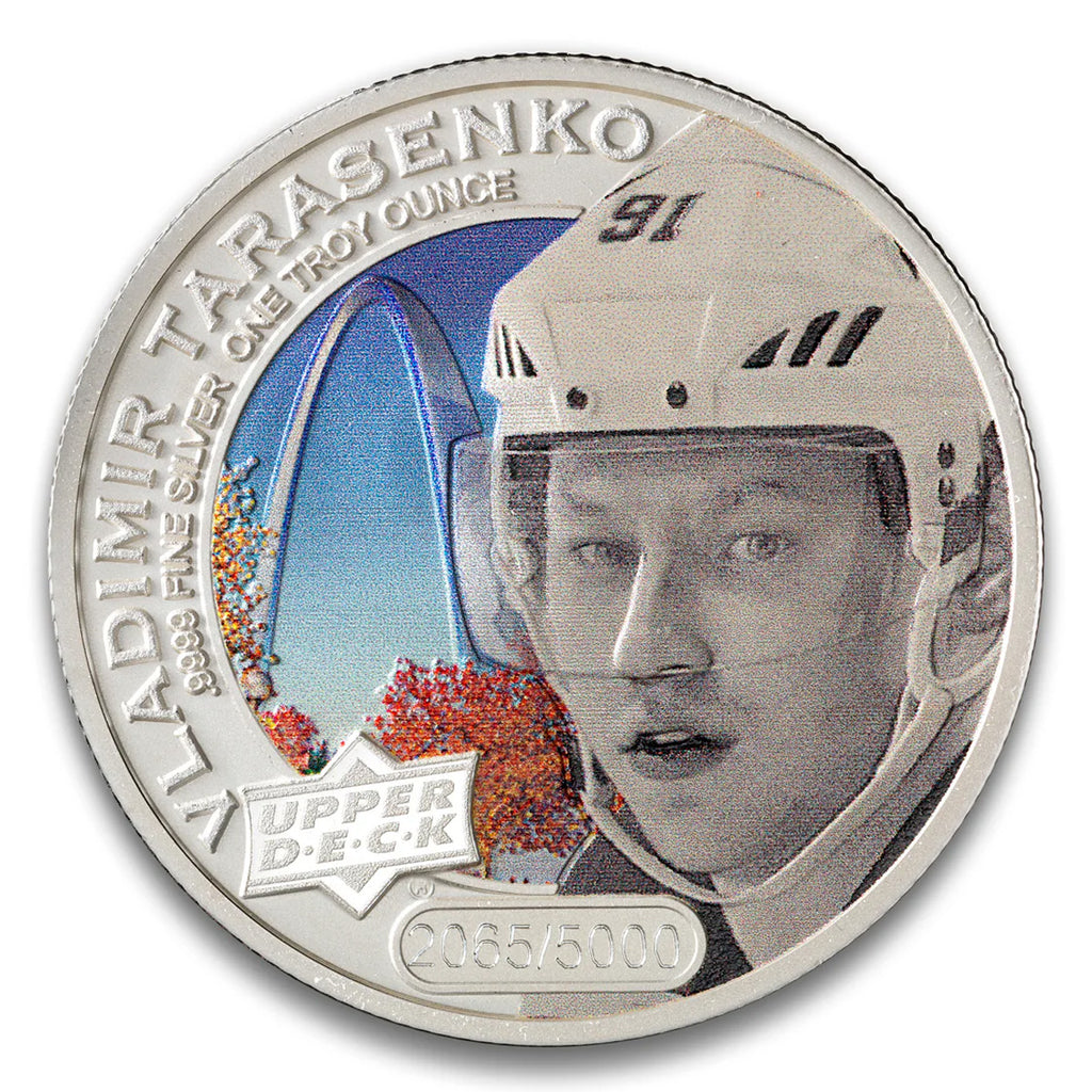 2017 $5 Coloured Upper Deck: Vladimir Tarasenko 1oz. Silver (No Tax) Capsule Scuff