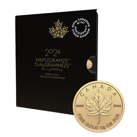 2026 Canada 25 x 1g Gold Maple Leaf Maplegram Sheet (25g) - No Credit Cards or PayPal (No Tax)