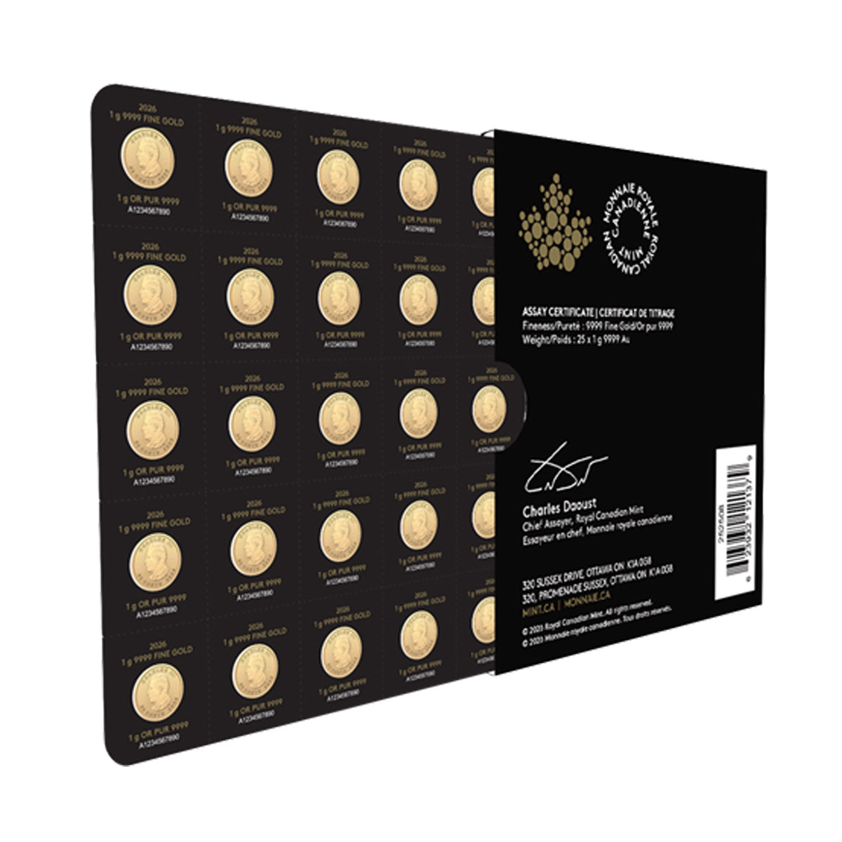 2026 Canada 25 x 1g Gold Maple Leaf Maplegram Sheet (25g) - No Credit Cards or PayPal (No Tax)
