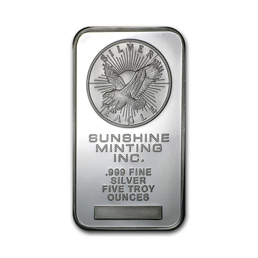 Vintage Sunshine Mint 5oz .999 Fine Silver Bars (No Tax) Light Toning