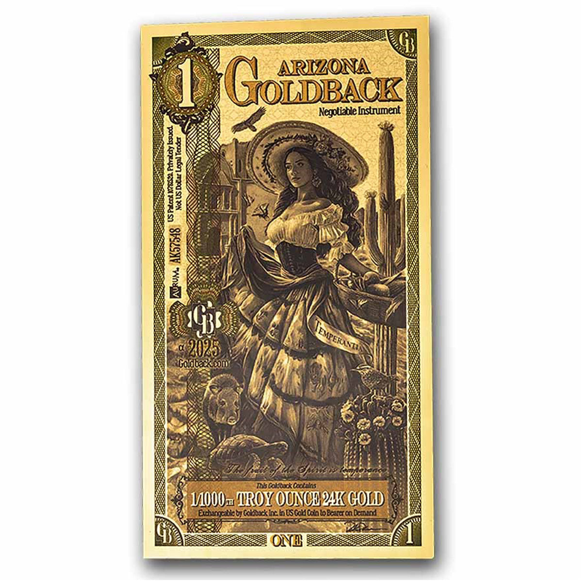 One Arizona Goldback 1/1000oz 24K .9999 Gold Wafer Foil Note (No Tax)