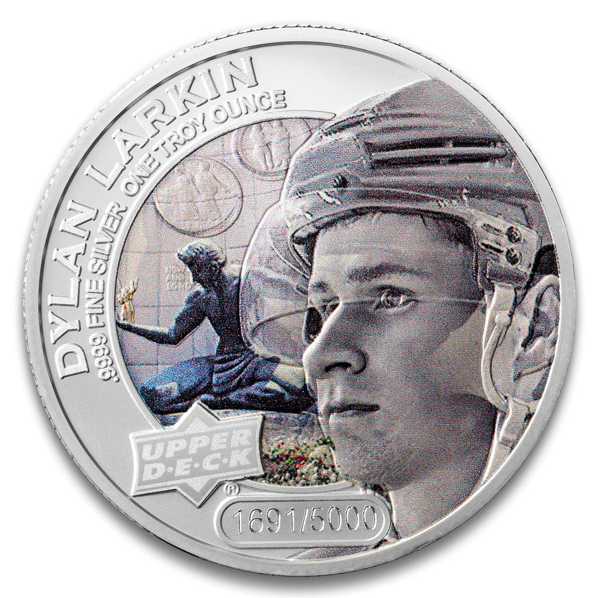 2017 $5 Coloured Upper Deck: Dylan Larkin 1oz. Silver (No Tax) Capsule Scr/Light toning