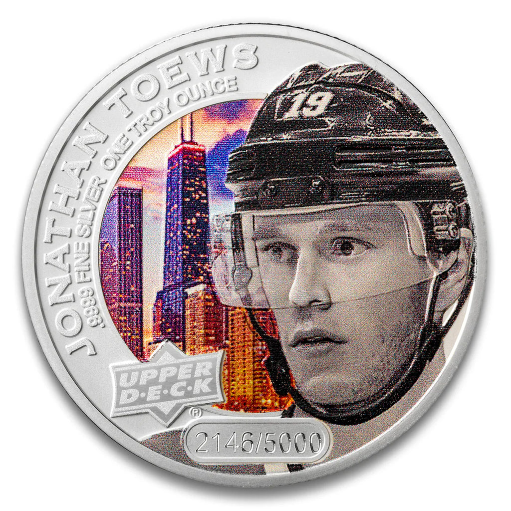 2017 $5 Coloured Upper Deck: Jonathan Toews 1oz. Silver (No Tax) Capsule Scuff/Light Toning