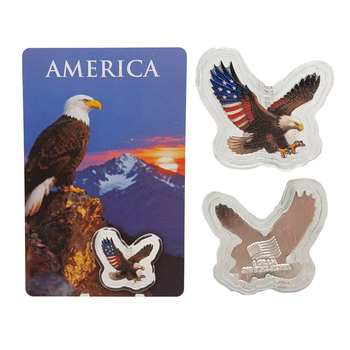 American Bald Eagle Colourized 1 GRAM Silver (No Tax) Lightly Toned/Card Scr
