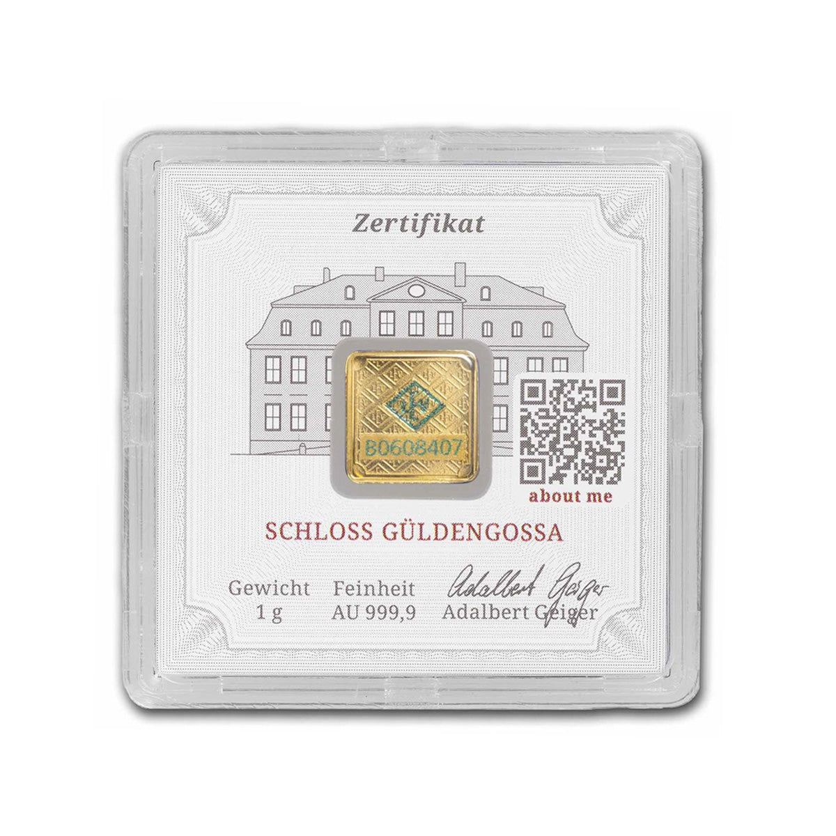 Geiger Edelmetalle 1g .9999 Gold Square Bar in Capsule (No Tax) Scuffed Capsule
