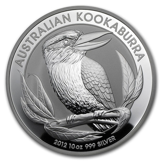 2012 Australia $10 Kookaburra 10oz Silver (No Tax) Hairline Scratches on Cap.