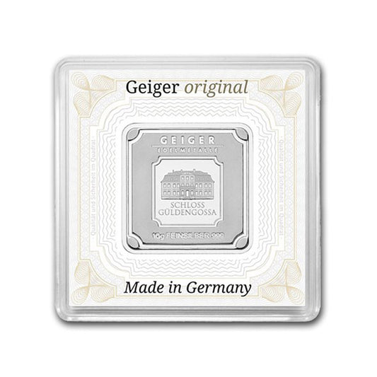Geiger Edelemetalle 10g Silver Bar in Capsule (No Tax) Light toning/Scuff Cap.