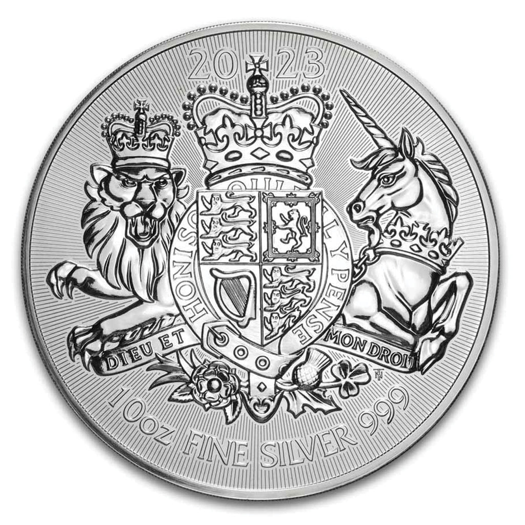 2023 GB £10 British Royal Arms 10oz 999 Fine Silver (No Tax) Capsule Scr/Scuffed