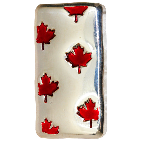 RSSC 5oz Enameled Multi-Red Maple Leaf Silver Bar (No Tax) Light Toning/Hairline Scr.