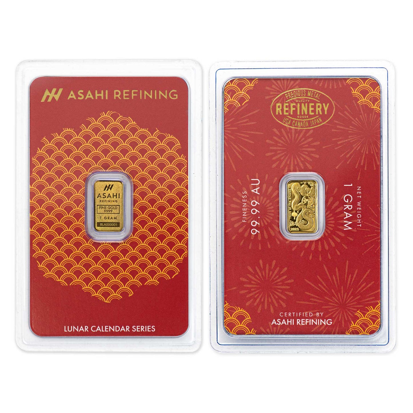2025 Asahi Refining 1g Lunar Year of the Snake .9999 Fine Gold Bar (No Tax) Packaging Scr
