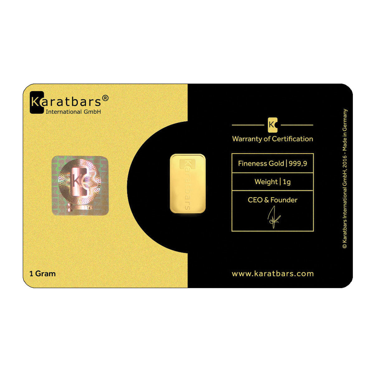 Karatbars International 1 gram .9999 Gold Bar in Card (No Tax) Lightly Toned