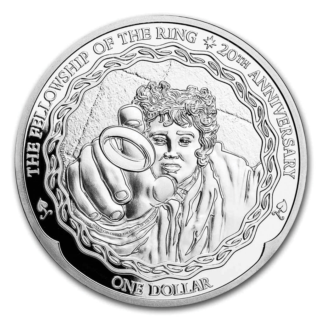 2021 $1 20th Ann. Lord of the Rings: Frodo 1oz Silver (No Tax) Scuffs on Cap