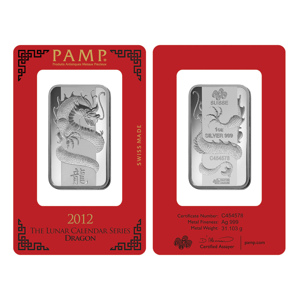 PAMP 2012 Lunar Calendar: Dragon 1oz .999 Silver Bar (No Tax) Assay Scuffs/Scr