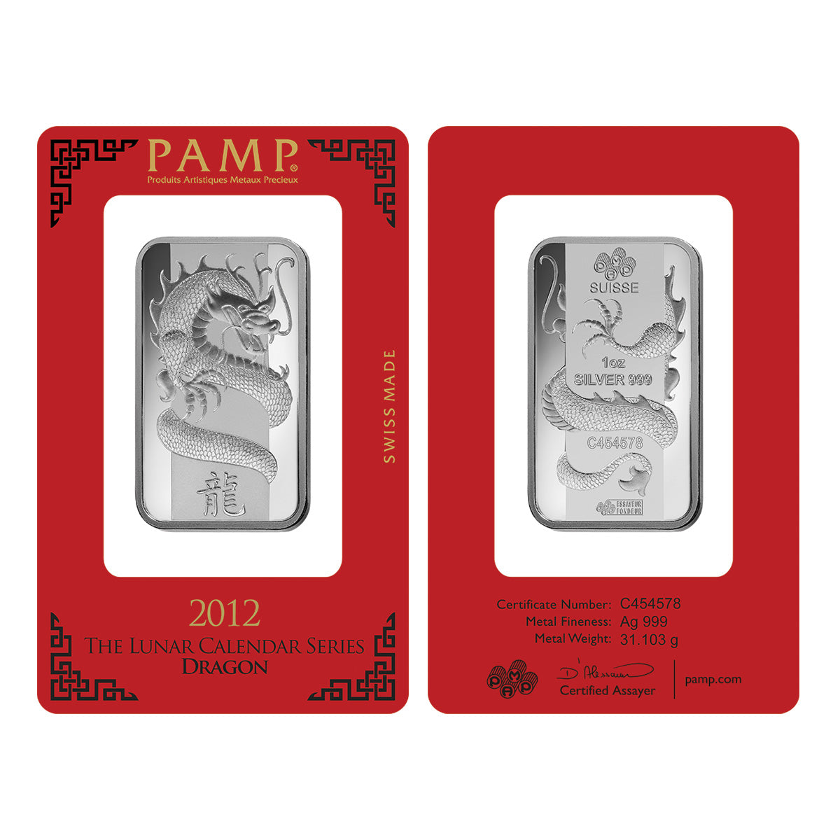 PAMP 2012 Lunar Calendar: Dragon 1oz .999 Silver Bar (No Tax) Assay Scuffs/Scr