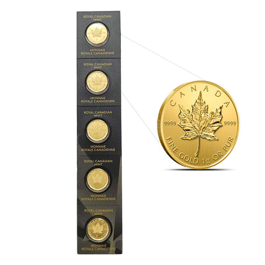 5x ONE Gram RCM MapleGram 50-cent .9999 Gold 5Pcs (No Tax) Worn