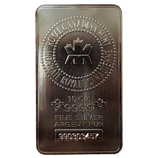 RCM 10oz. 9999 Fine Silver Bar (TAX Exempt) Unsealed/Lightly Toned