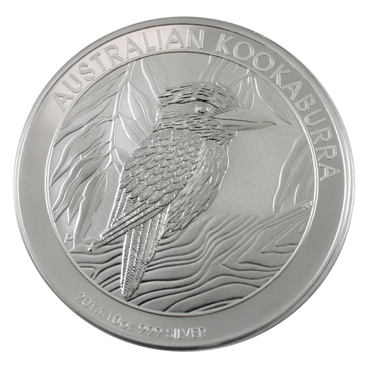 2014 Australia $10 Kookaburra 10oz Silver (No Tax) Light Toning/Scr Capsule