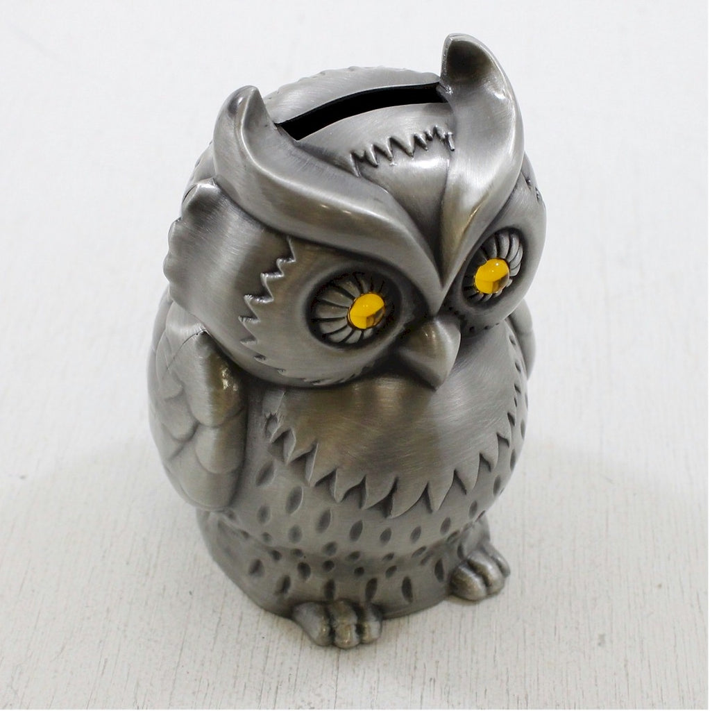 Money Bank: Silver Owl with glass eyes