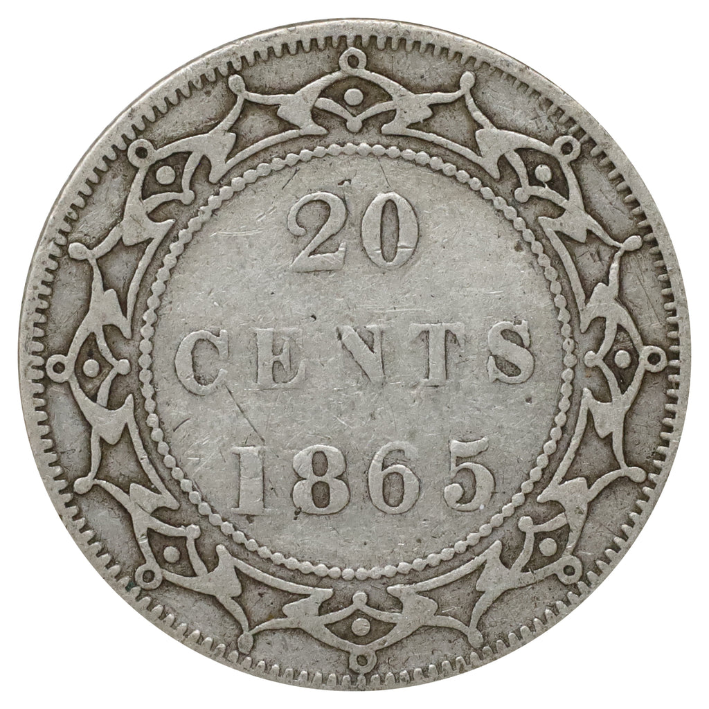 1865 Newfoundland 20-cents, Fine (F12) Scratched
