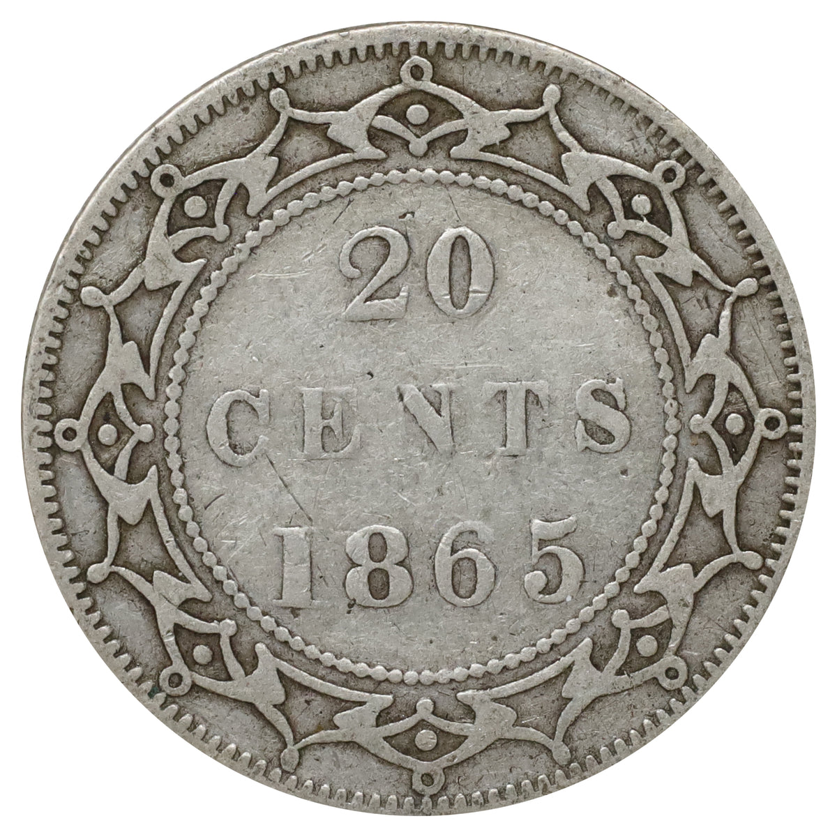 1865 Newfoundland 20-cents, Fine (F12) Scratched