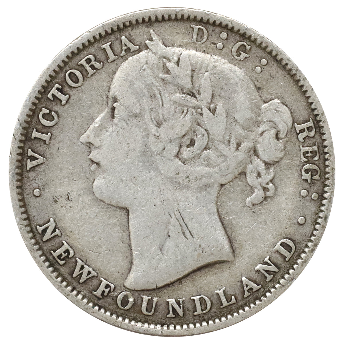 1865 Newfoundland 20-cents, Fine (F12) Scratched