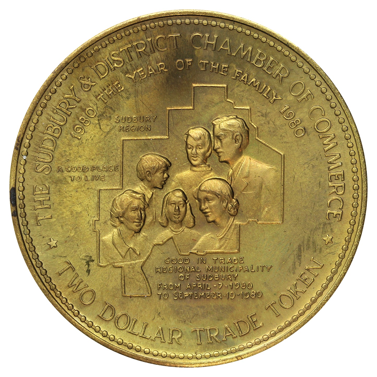1980 Sudbury, Ontario, Two Dollar Trade Token: The Year of the Family; CPR Steam Train