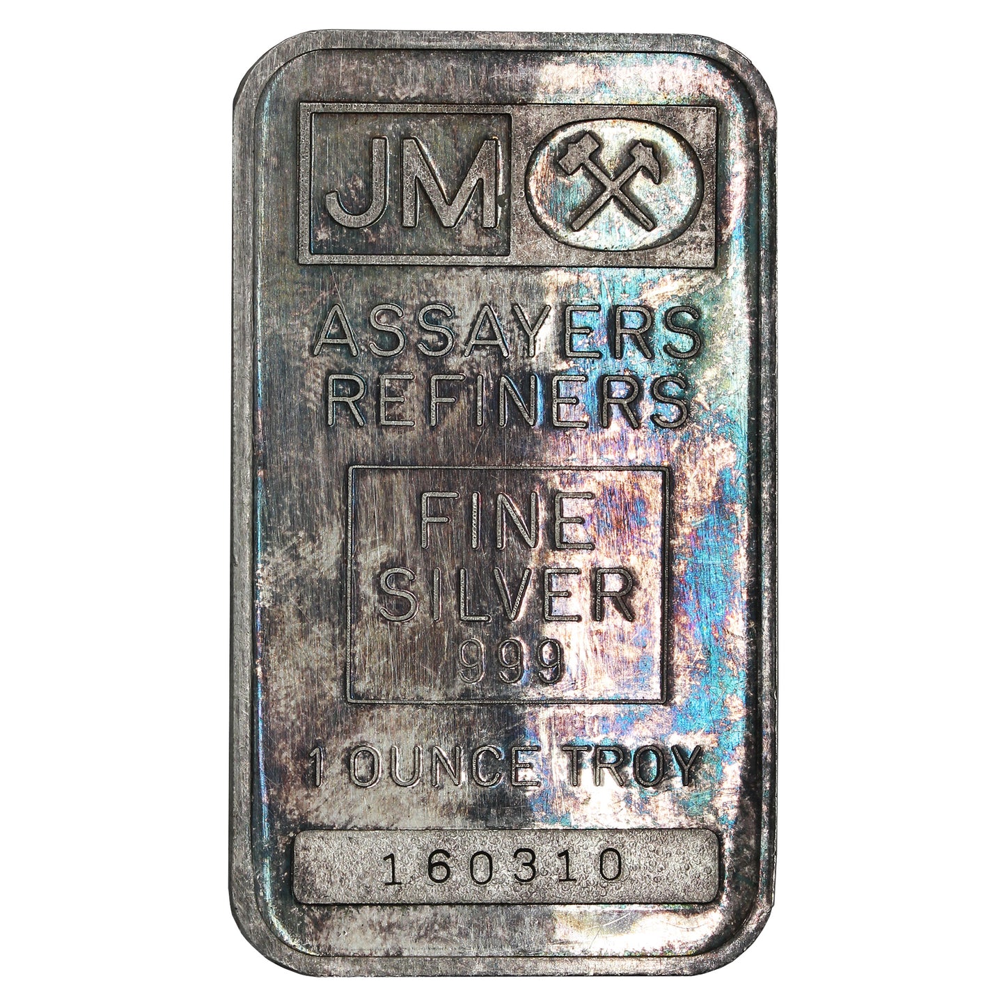 JM Johnson Matthey 1oz .999 Silver Bar, Blank Back (No Tax) Toned