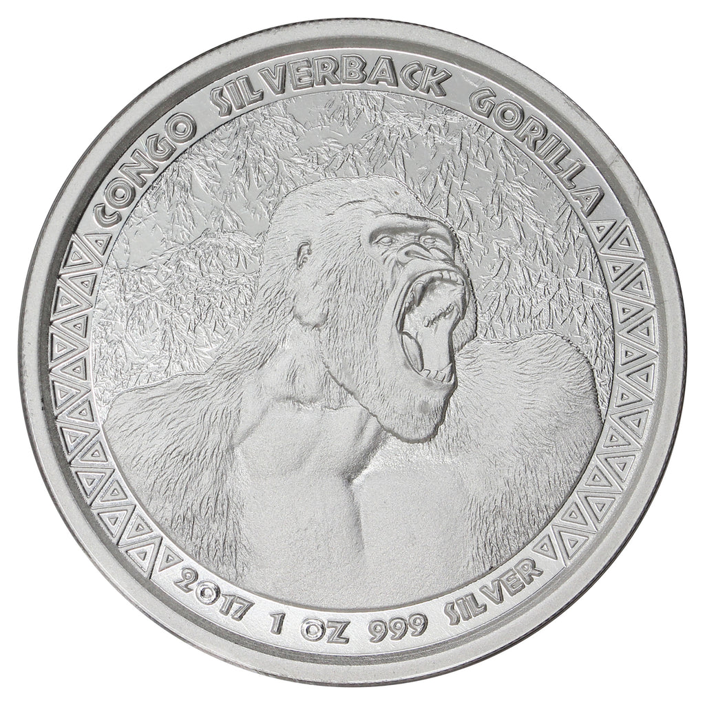 2017 Rep. of Congo Silverback Gorilla 1oz Silver (No Tax) Light Toning