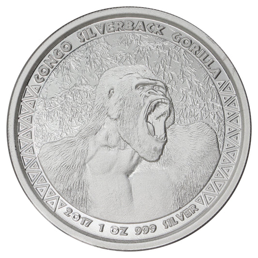 2017 Rep. of Congo Silverback Gorilla 1oz Silver (No Tax) Light Toning