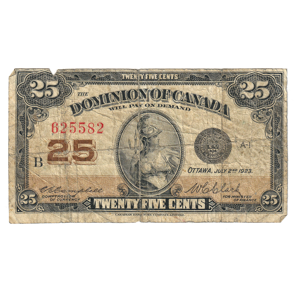 DC-24d 1923 25-cent Shinplaster, Campbell-Clark, VG-F (VG10) Tears, Holes or Impaired