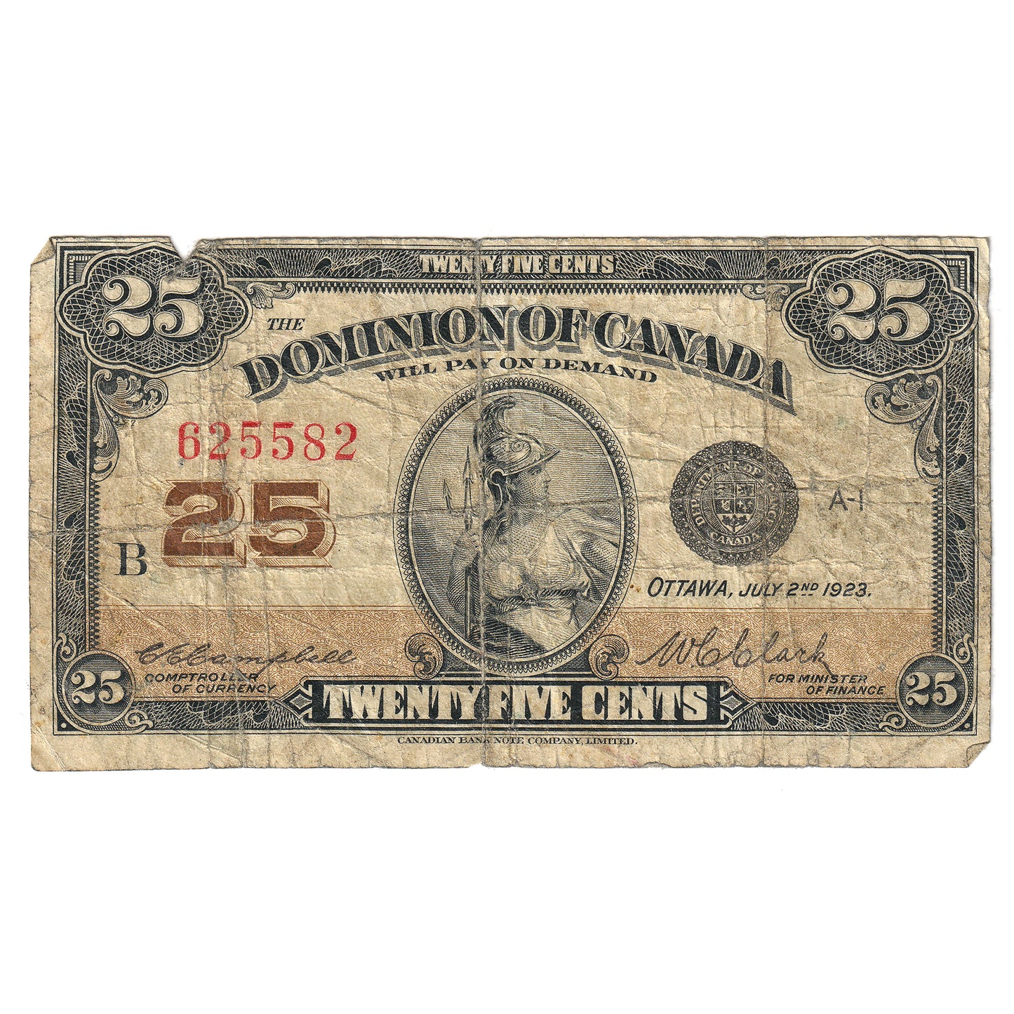DC-24d 1923 25-cent Shinplaster, Campbell-Clark, VG-F (VG10) Tears, Holes or Impaired