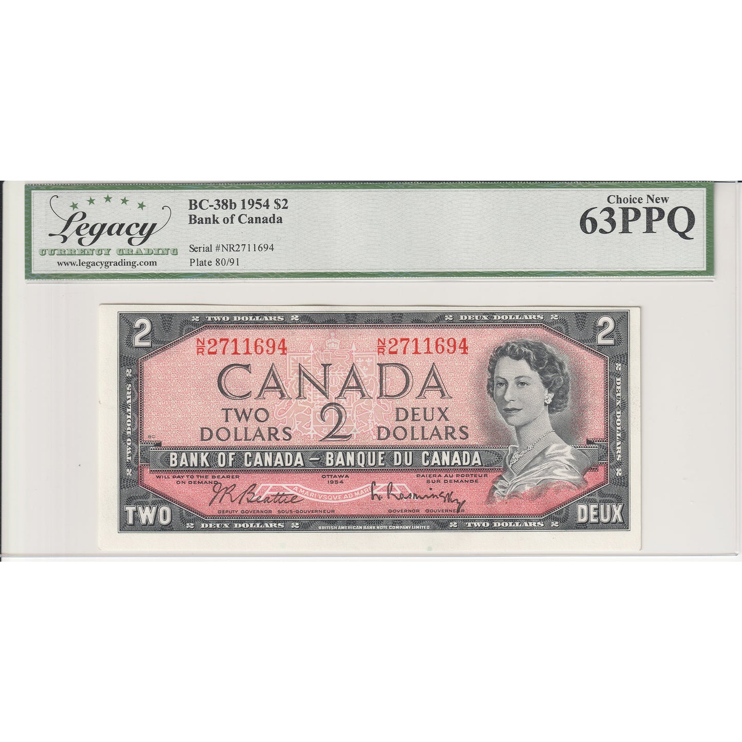 BC-38b 1954 Canada $2 Beattie-Rasminsky, N/R, Legacy Certified CUNC63 PPQ