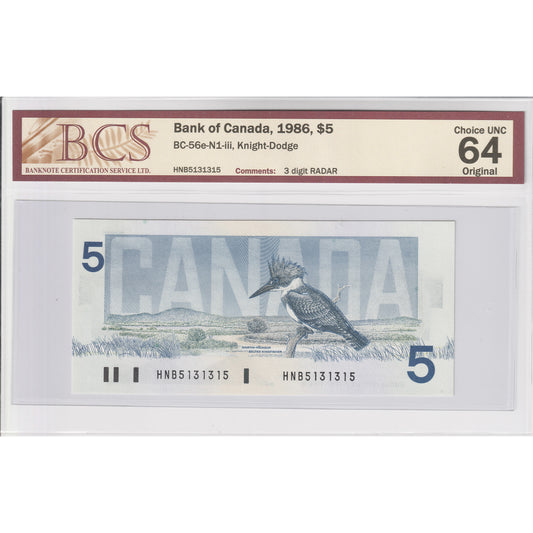 BC-56e-N1-iii 1986 Canada $5 Knight-Dodge, 3 Digit RADAR, HNB, BCS Cert. CUNC64 Orig