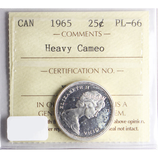 1965 Canada 25-cents ICCS Certified PL66 Heavy Cameo