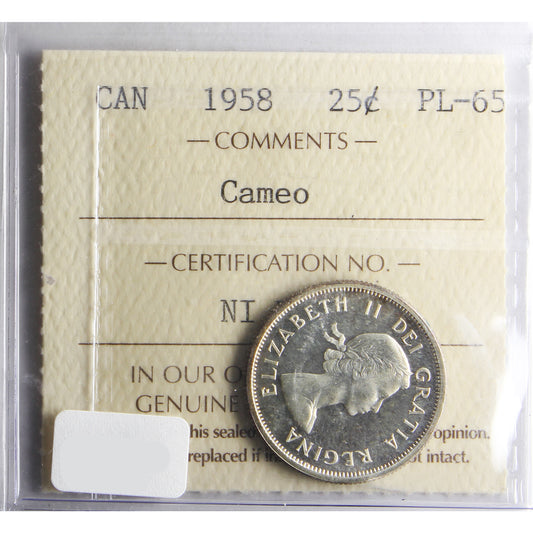 1958 Canada 25-cents ICCS Certified PL-65 Cameo