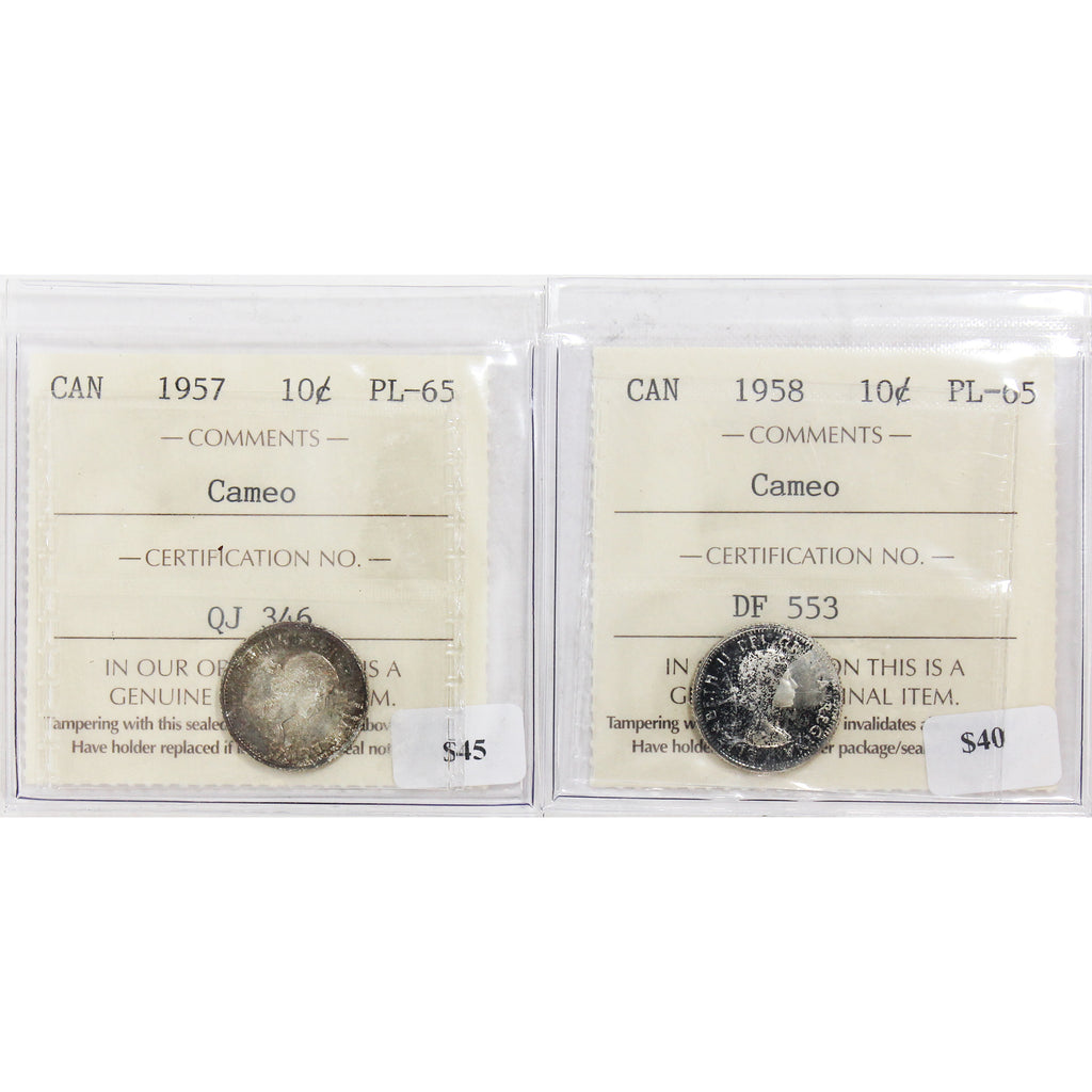 Pair of 1957 & 1958 Canada 10-Cents ICCS Certified PL-65 Cameo, 2Pcs