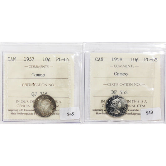 Pair of 1957 & 1958 Canada 10-Cents ICCS Certified PL-65 Cameo, 2Pcs