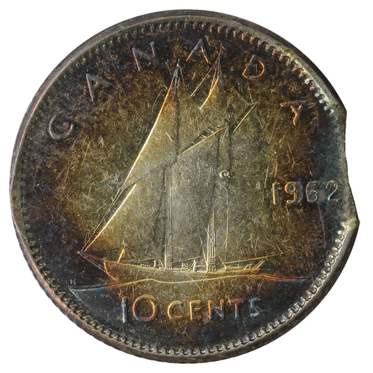 ERROR 1962 Canada 10-Cents Extra Fine (EF40) Clipped; Nicely Toned