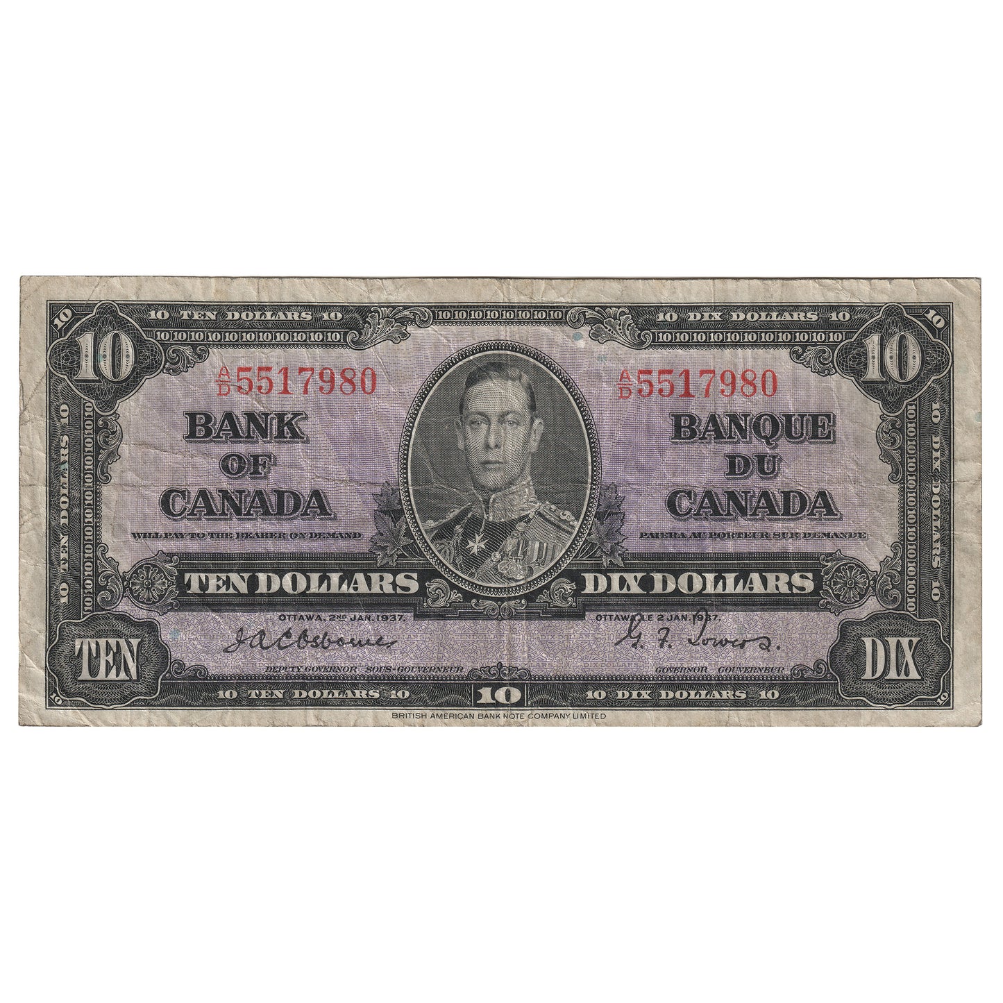 BC-24a 1937 Canada $10 Osborne-Towers, A/D