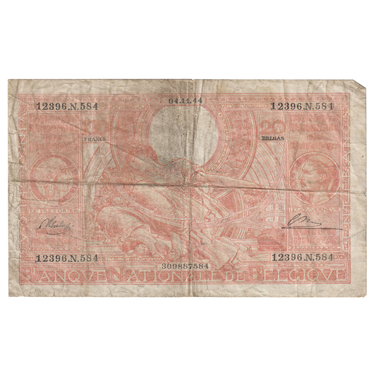 Belgium 1944 100 Francs-20 Belgas Note, Pick #114, VF (Damaged)